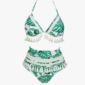 High Waisted Tropical Tassel Bikini